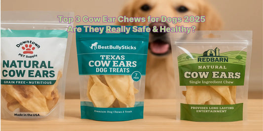 Three cow ear dog treat packages on a wooden table with a golden retriever in the background, showcasing natural, nutritious chew options.