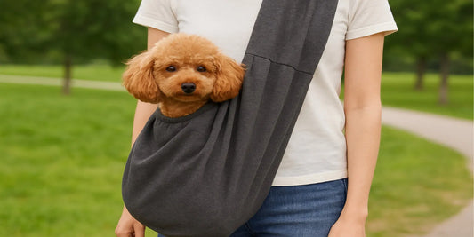 An apricot poodle sits in a dark gray sling carrier worn by a person in jeans and a white shirt, with a blurred green park background.