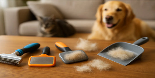 Three deshedding brushes on a wooden table with clumps of fur; a Golden Retriever and tabby cat blurred in the background.