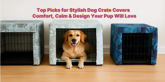 Three stylish dog crate covers with unique patterns, featuring a happy Golden Retriever inside one crate, set against a clean, modern background.