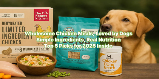 Golden retriever with chicken dog food products including Honest Kitchen, Sojos, and Bone Broth on a wooden table.