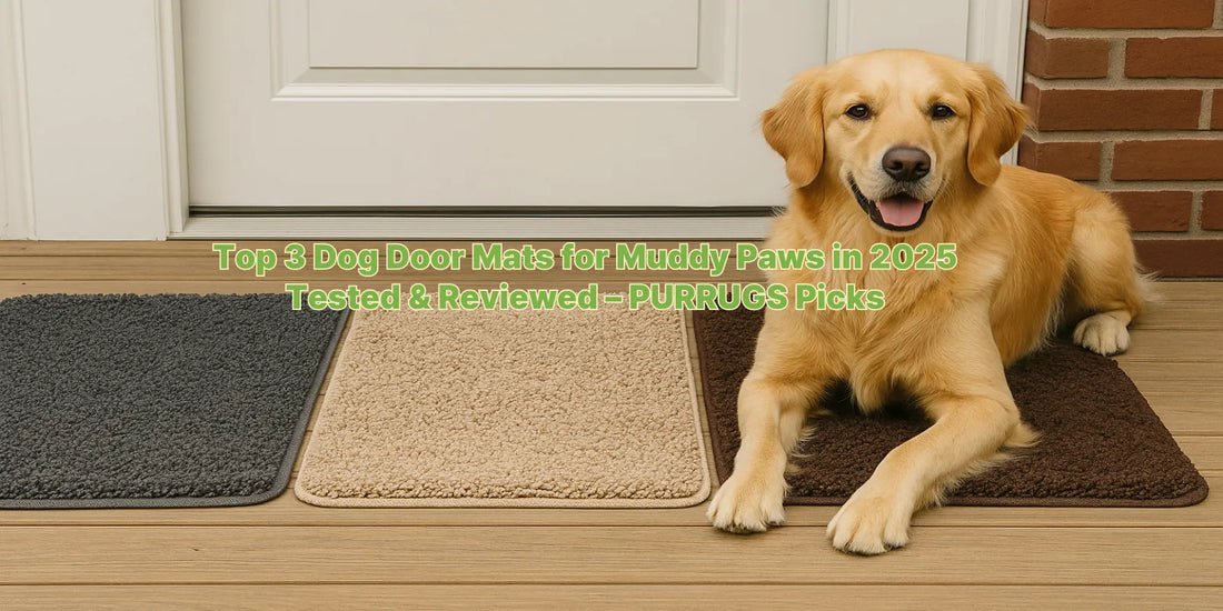 Golden Retriever sitting on a brown dog mat beside two others on a wooden deck, each designed to trap mud and moisture near a clean white door.