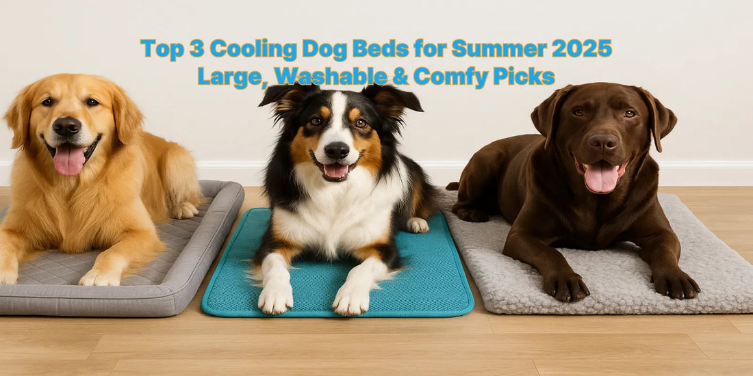 Three large dogs comfortably lying on different cooling dog beds in a bright indoor space, showcasing summer-ready washable pet mats.