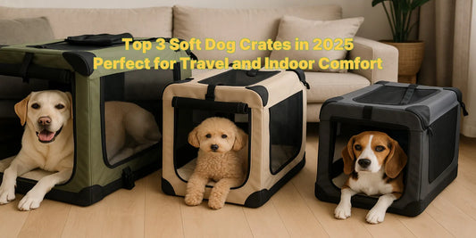 Three dogs comfortably resting in soft-sided crates of various sizes, ideal for home and travel use, placed in a cozy, modern living room.