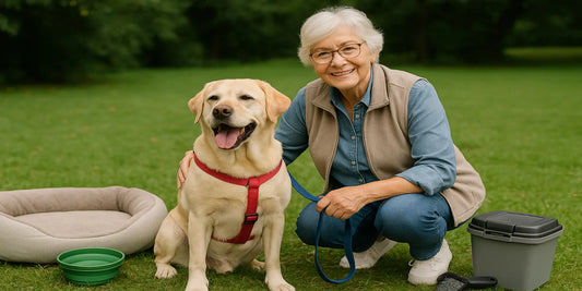 Senior woman kneeling beside her Labrador in a park, holding a leash with dog gear nearby including bed, bowl, and storage box.