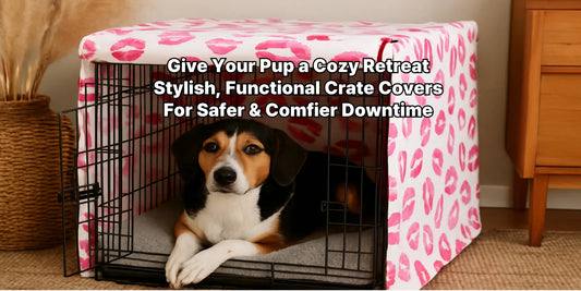 A medium-sized dog resting inside a crate covered with a stylish, breathable cover, designed for comfort, safety, and home decor harmony.