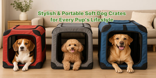 Three dogs comfortably resting inside red, gray, and blue soft dog crates, placed in a cozy living room with natural light and modern decor.