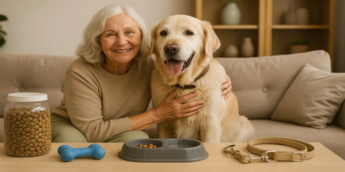 Smiling senior woman sitting with her golden retriever on a sofa, surrounded by dog food, toys, and safe pet supplies.