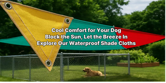 Colorful waterproof shade cloths cover a fenced dog area in a sunny backyard, providing sun protection and breathable shelter outdoors.