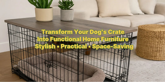 A wooden crate topper placed on a black wire dog crate with plants on top, blending seamlessly into a cozy and modern living room interior.