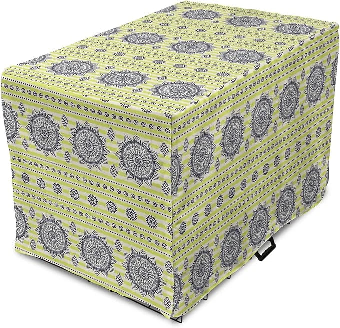 Lunarable Bohemian Mandala Dog Crate Cover, Floral Sun Motif on Brush Drawn Stripes with Dots, Easy to Use Pet Kennel Cove...
