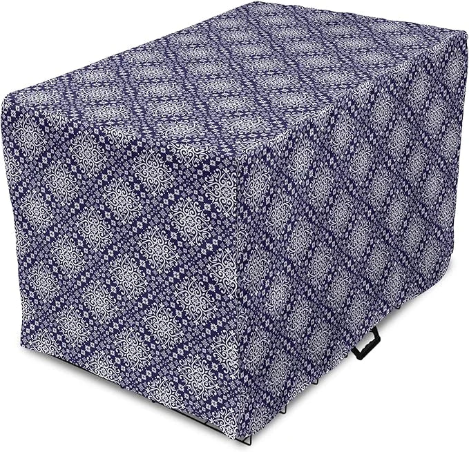 Lunarable Royal Blue Dog Crate Cover, Antique Moroccan Style Exotic Orient Inspired Ceramic Pattern Print Art, Easy to Use...