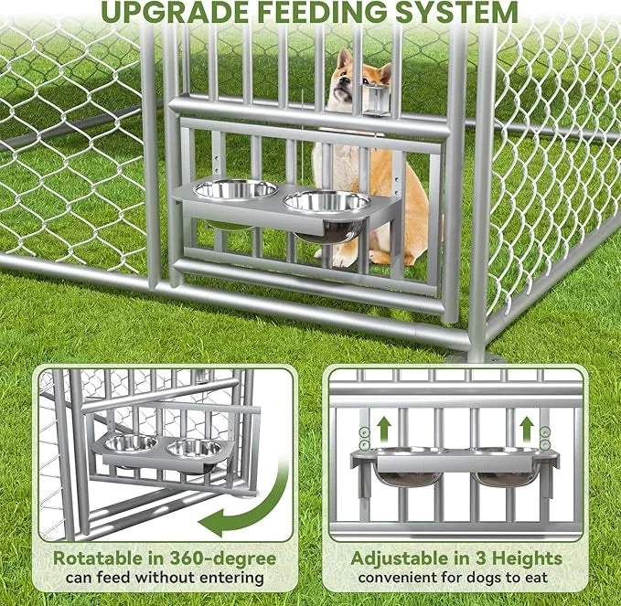 6.7 x 6.7 ft Dog Kennel Outside - Outdoor Dog Kennel with Roof, Heavy Duty Outdoor Dog Kennel with Rotating Feeding Bowls,...