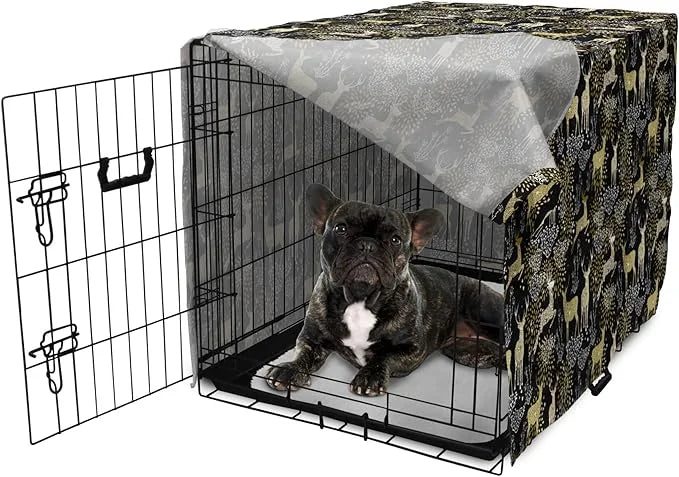 Ambesonne Christmas Dog Crate Cover, Nature Woodland and Deer Silhouettes with Oriental Ornaments Design, Easy to Use Pet ...
