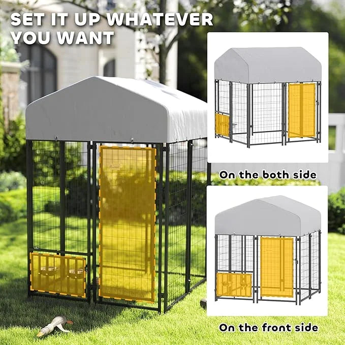 PawHut 3.9' x 3.9' x 4.5' Outdoor Dog Kennel, Welded Wire Heavy Duty Dog Run with 360° Rotating & 4 Level Adjustable Bowls...