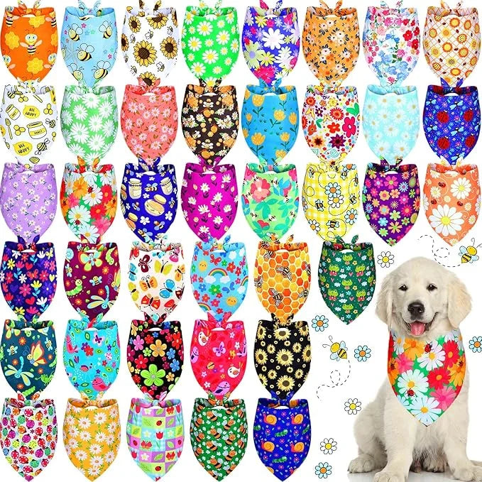 Sadnyy 40 Pcs Summer Spring Dog Bandanas Bulk for Dogs Flower Hawaiian Triangle Reversible Dog Bibs Adjustable Pet Kerchie...
