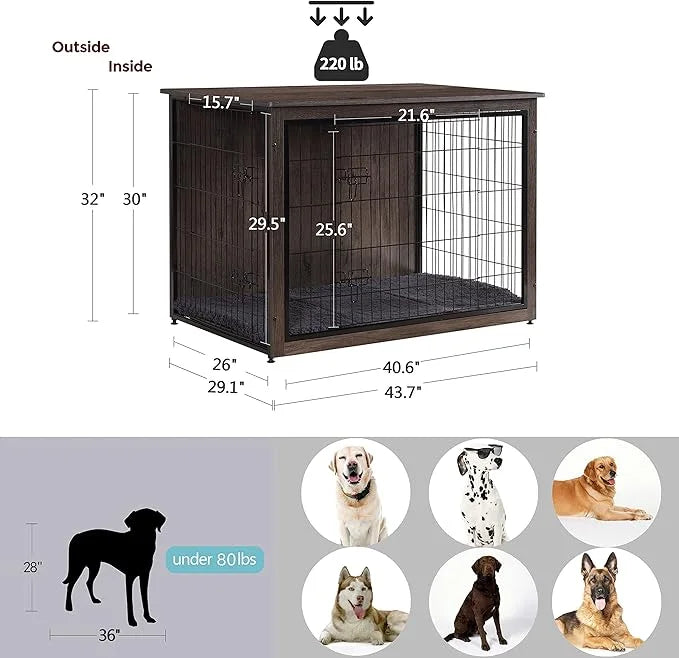 DWANTON Dog Crate Furniture with Cushion, Wooden Kennel Table with Double Doors, Indoor Dog House, Extra Large Size, 43.3"...