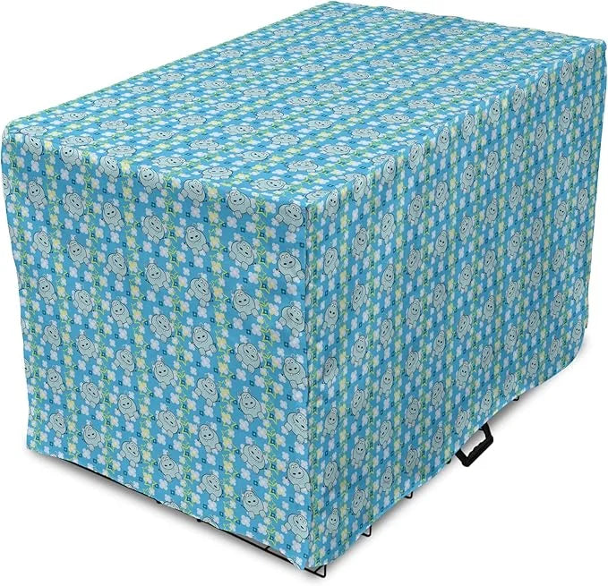 Lunarable Yellow and Blue Dog Crate Cover, Funny Cartoon Hippopotamus with Stars and Daisy Flowers, Easy to Use Pet Kennel...