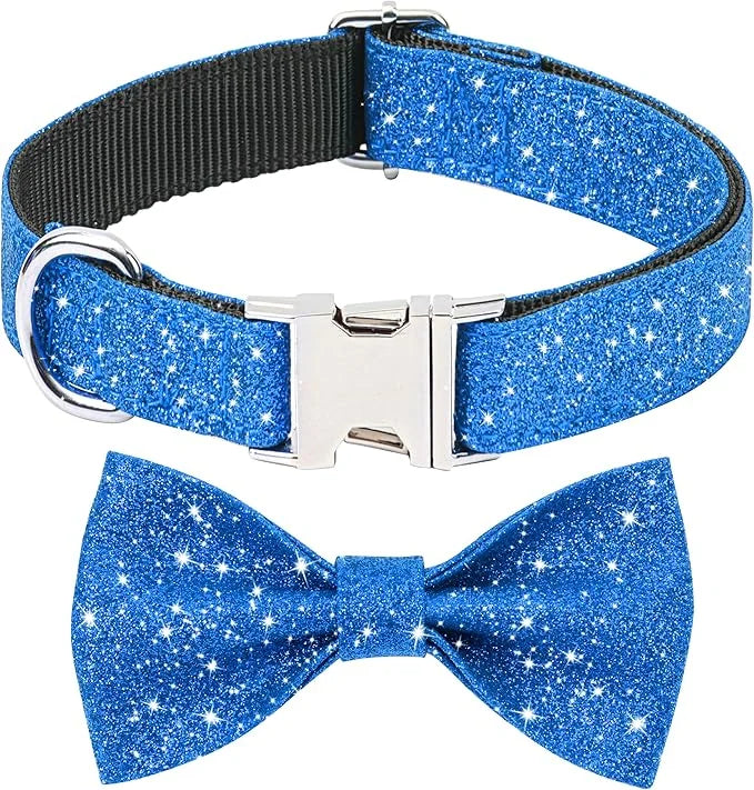 Bling Bow Tie Dog Collar and Leash Set, Cute Blue Boy Dog Collar with Bow and 5ft Leash for Small Medium Dogs Daily Walkin...
