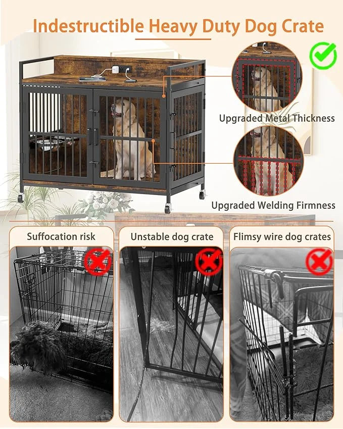 Piskyet Large Dog Crate Furniture,Heavy Duty Dog Crate Table with Charge Station and Storage&360°Rotatable Feeder and Stai...