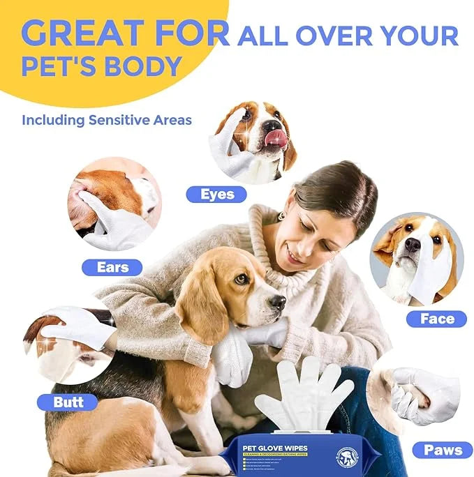 Pet Cleaning Glove Wipes for Dogs & Cats, Hypoallergenic Deodorizing Disposable No-Rinse Grooming Wipes, Extra Thick Bathi...