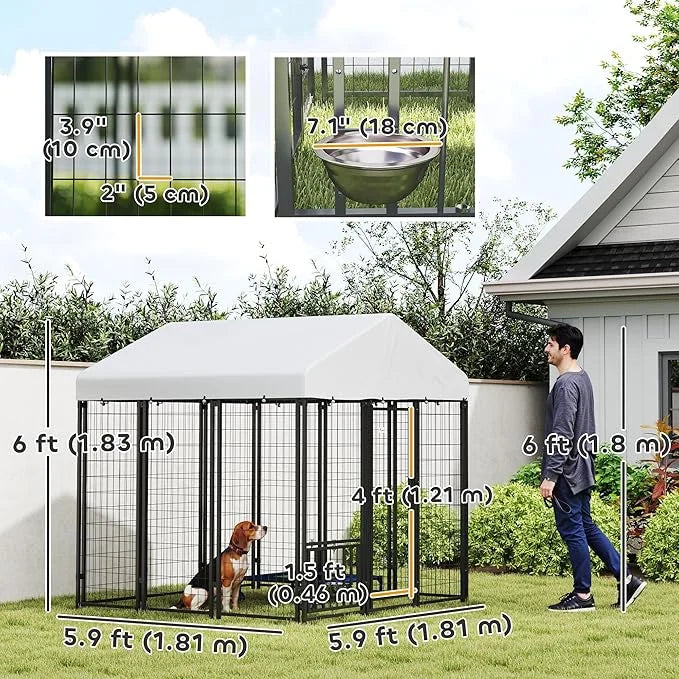 PawHut 5.9' x 5.9' x 6' Outdoor Dog Kennel, Welded Wire Heavy Duty Dog Run with 360° Rotating & 4 Level Adjustable Bowls, ...