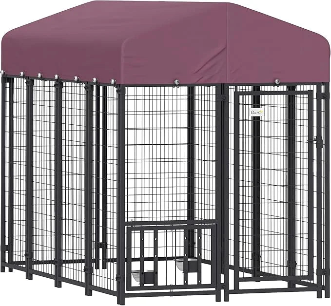 PawHut 7.9' x 4' x 6' Outdoor Dog Kennel, Welded Wire Heavy Duty Dog Run with 360° Rotating & 4 Level Adjustable Bowls, Do...
