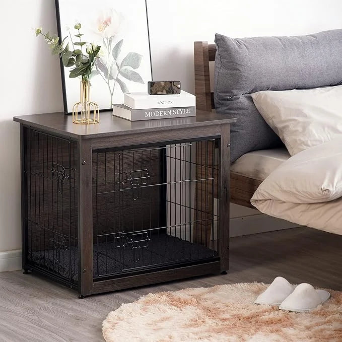 DWANTON Dog Crate Furniture with Cushion, Wooden Kennel Table with Double Doors, Indoor Dog House, Small/Medium/Large/Extr...