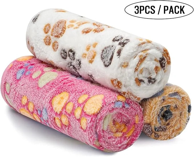 1 Pack 3 Blankets Super Soft Fluffy Premium Fleece Pet Blanket Flannel Throw for Dog Puppy Cat Paw Brown/Pink/White Medium...