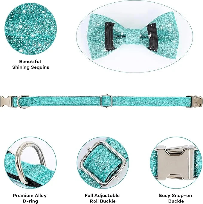 Bling Bow Tie Dog Collar and Leash Set, Cute Teal Boy Dog Collar with Bow and 5ft Leash for Medium Dogs Daily Walking or C...