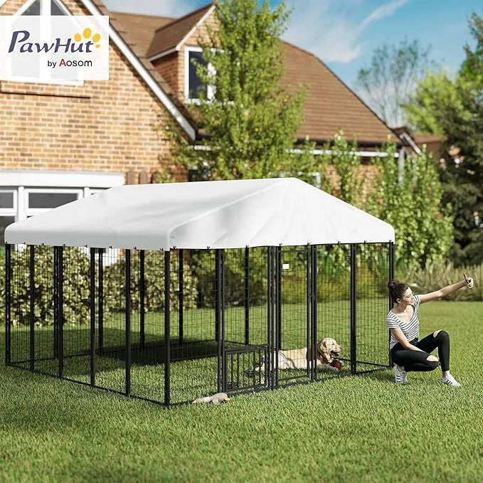 PawHut 9.8' x 9.8' x 6.8' Outdoor Dog Kennel, Welded Wire Heavy Duty Dog Run with 360° Rotating & 4 Level Adjustable Bowls...