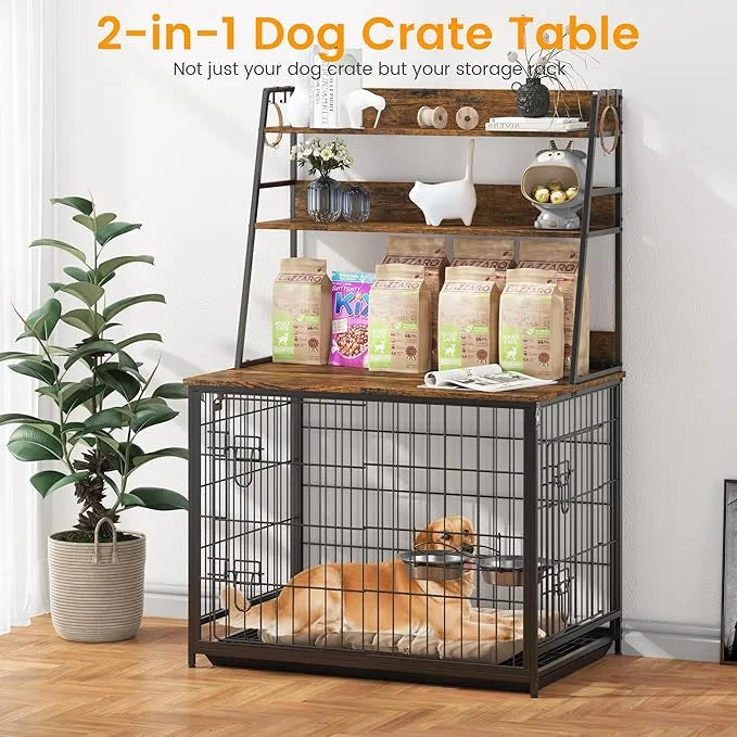 Dog Crate Furniture, 57 Inch Dog Kennel Furniture with Storage Shelves and Removable Tray, Indoor Dog House with 2 Doors a...