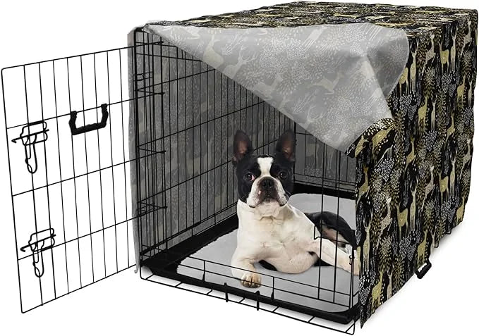 Ambesonne Christmas Dog Crate Cover, Nature Woodland and Deer Silhouettes with Oriental Ornaments Design, Easy to Use Pet ...