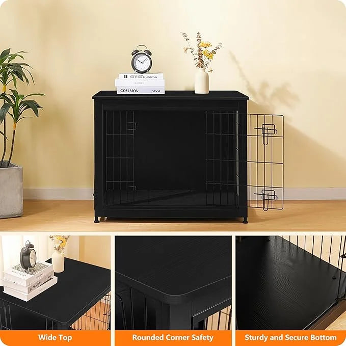 DWANTON Dog Crate Furniture with Cushion, Wooden Kennel Table with Double Doors, Indoor Dog House, Medium Size, 32.5" L, B...