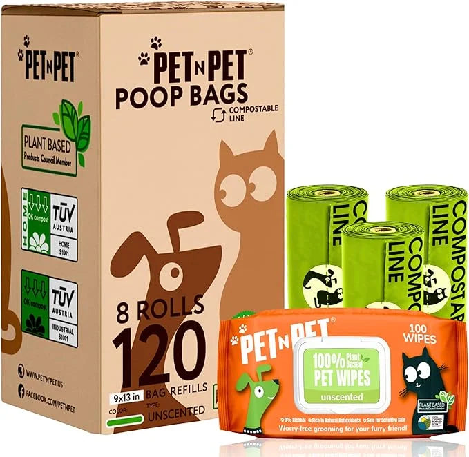 Pet N Pet Poop Bags For Dogs, 120 Counts Dog Poop Bags Rolls + 100% Plant Based Dog Wipes for Paws and Butt, 100 Counts Do...