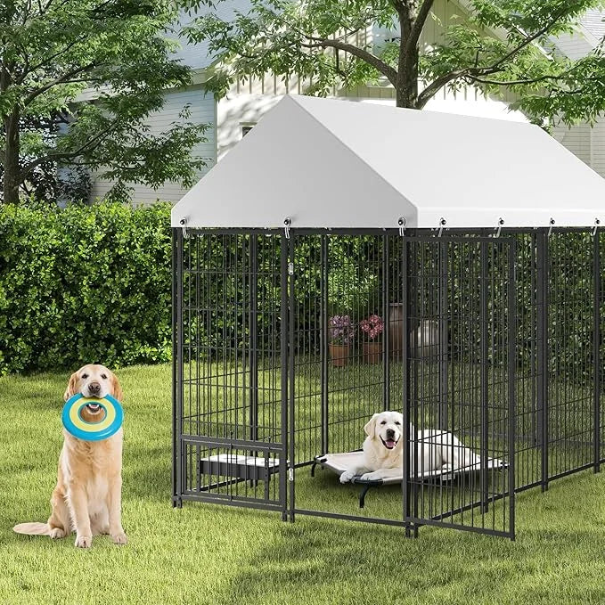 Large Dog Kennel Outside - 7.9 x 4.1 x 5.9 ft Dog Outdoor Kennel with Roof, Outside Dog kennels with Rotating Feeding Bowl...