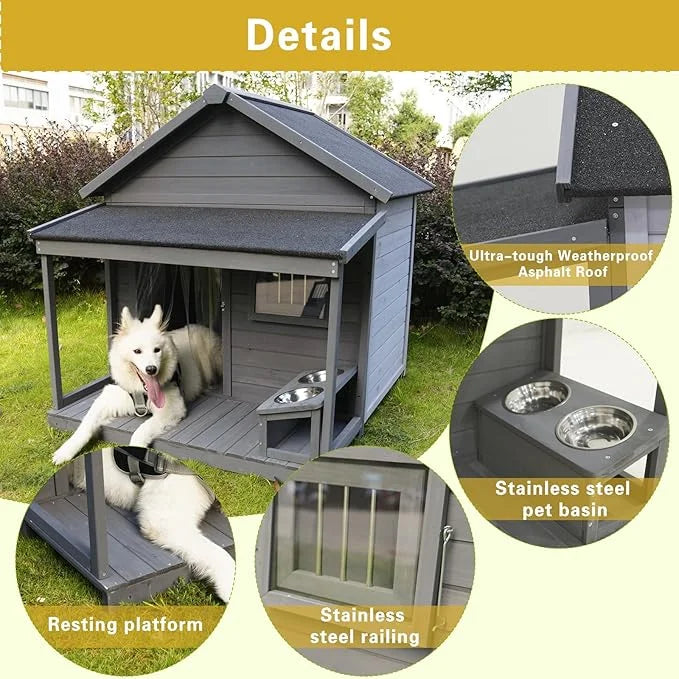 YOTPO Large Outdoor Fir Wood Dog House with Spacious Terrace,Breathable Window&2 Feeding Stainless Bowls,Dog Kennel W/Soli...