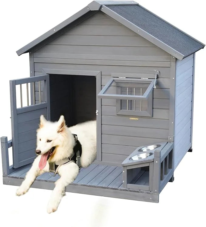 Open Waterproof Asphalt Roof Large Dogs House with Spacious Terrace,Outdoor Dog Kennel W/Small Wooden Door,Breathable Wind...