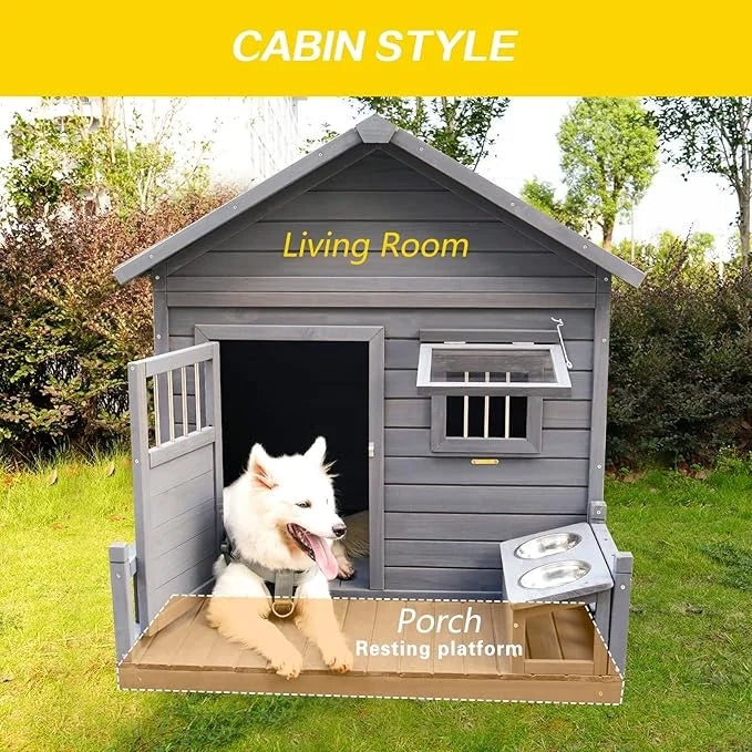 Open Waterproof Asphalt Roof Large Dogs House with Spacious Terrace,Outdoor Dog Kennel W/Small Wooden Door,Breathable Wind...