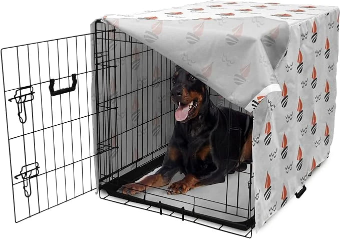 Lunarable Sail Boat Dog Crate Cover, Abstract Boat Waves Cartoon Drawing Style Geometric Pattern, Easy to Use Pet Kennel C...