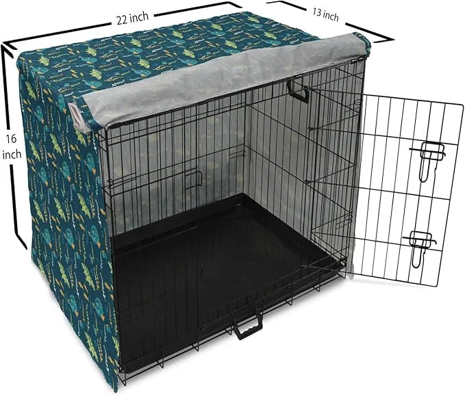 Lunarable Jurassic Dog Crate Cover, Evolution Marine Dinosaurs and Nautical Foliage Animal, Easy to Use Pet Kennel Cover f...