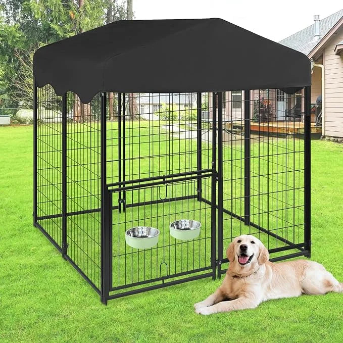 Dog Kennel Outdoor with Waterproof Roof, 4'L x 4'W x 4.5'H Large Outdoor Kennel with Rotating Feeding Door, Bowls, Dog Cag...