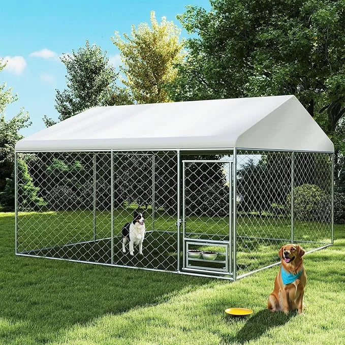 Rovibek 10x10 Ft Outdoor Dog Kennel, Outside Dog Kennel with Roof, Dog Kennels Outdoor with 2 Steel Dog Bowls, Outside Ken...