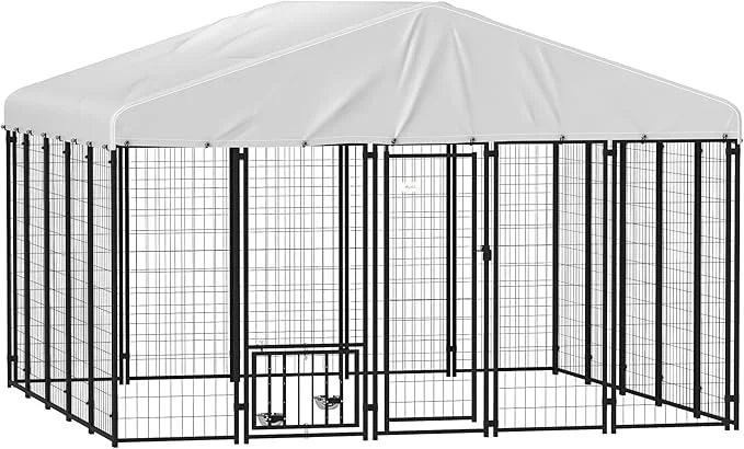 PawHut 9.8' x 9.8' x 6.8' Outdoor Dog Kennel, Welded Wire Heavy Duty Dog Run with 360° Rotating & 4 Level Adjustable Bowls...