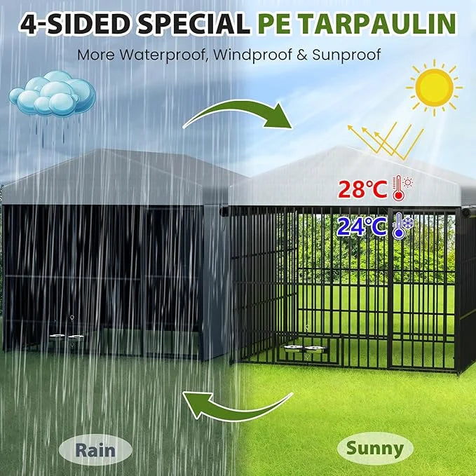 Rovibek Outdoor Dog Kennel with Roof, Dog Kennel Outside with 3 Sides Sun-Proof Cover, Large Outdoor Dog Playpen, Dog Run ...