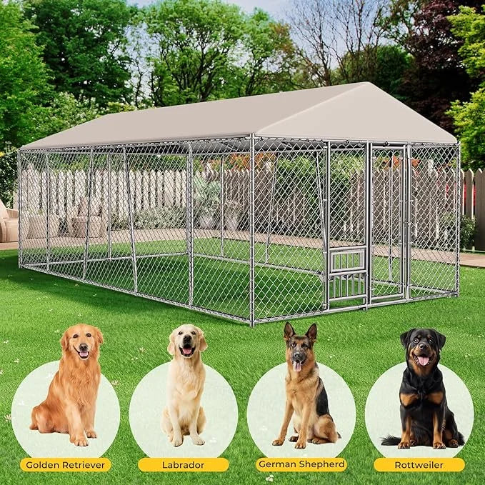 10 x 20FT Large Outdoor Dog Kennel with Bowls, Dog Kennel Outside with Waterproof Cover Roof, Galvanized Heavy Duty Chain ...