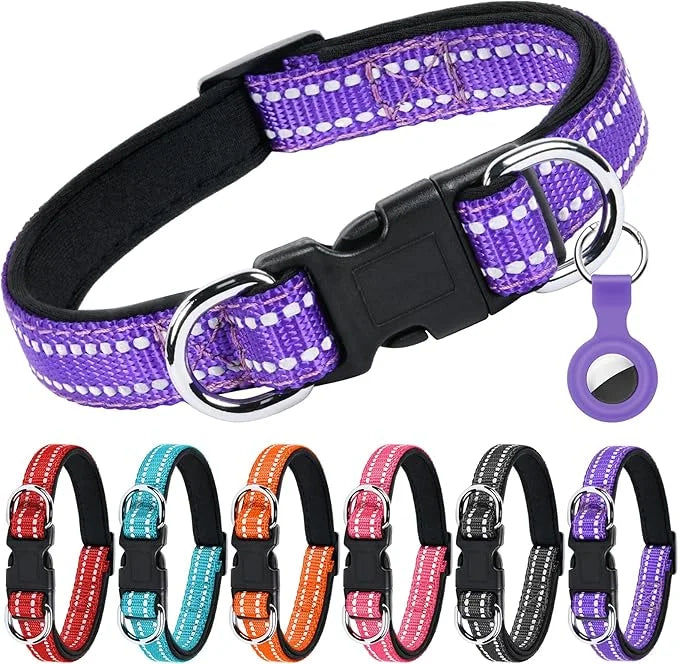 AUAUY Reflective Nylon Dog Collars, Adjustable Classic Pet Collars with Soft Neoprene Padding, Double Security Dual D-Ring...