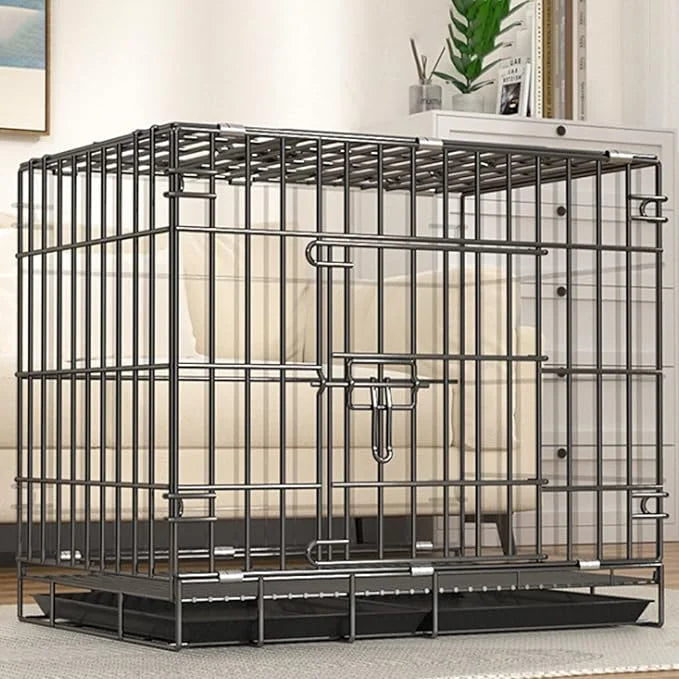 Heavy-Duty Steel Dog Crate, 27.6"x20.2"x23" Foldable Kennel with Secure Lock & Removable Tray, Grey Indoor Pet Cage - Prod...