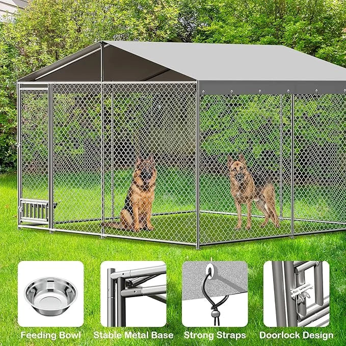 10x10x7 Ft Outdoor Dog Kennel, Heavy Duty Outside Dog Kennel with Waterproof and Anti-UV Roof Cover, Large Dog Enclosures ...
