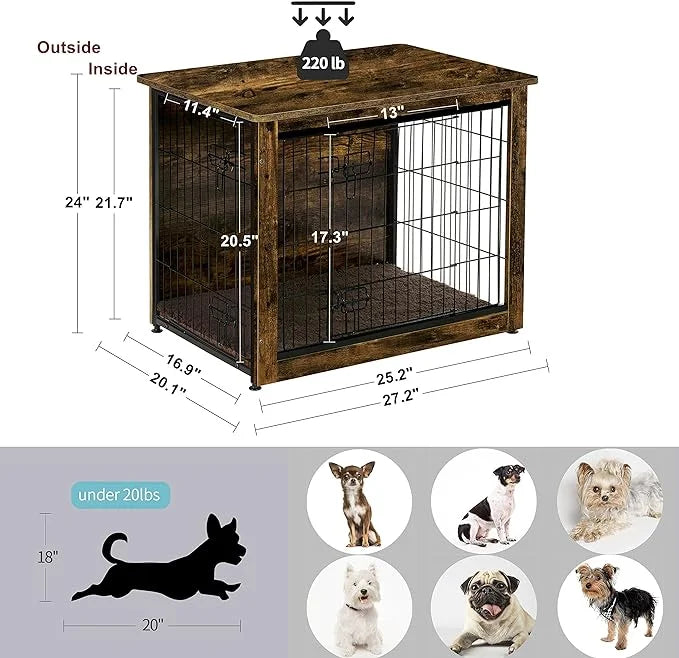 DWANTON Dog Crate Furniture with Cushion, Wooden Kennel Table with Double Doors, Indoor Dog House, Small/Medium/Large/Extr...